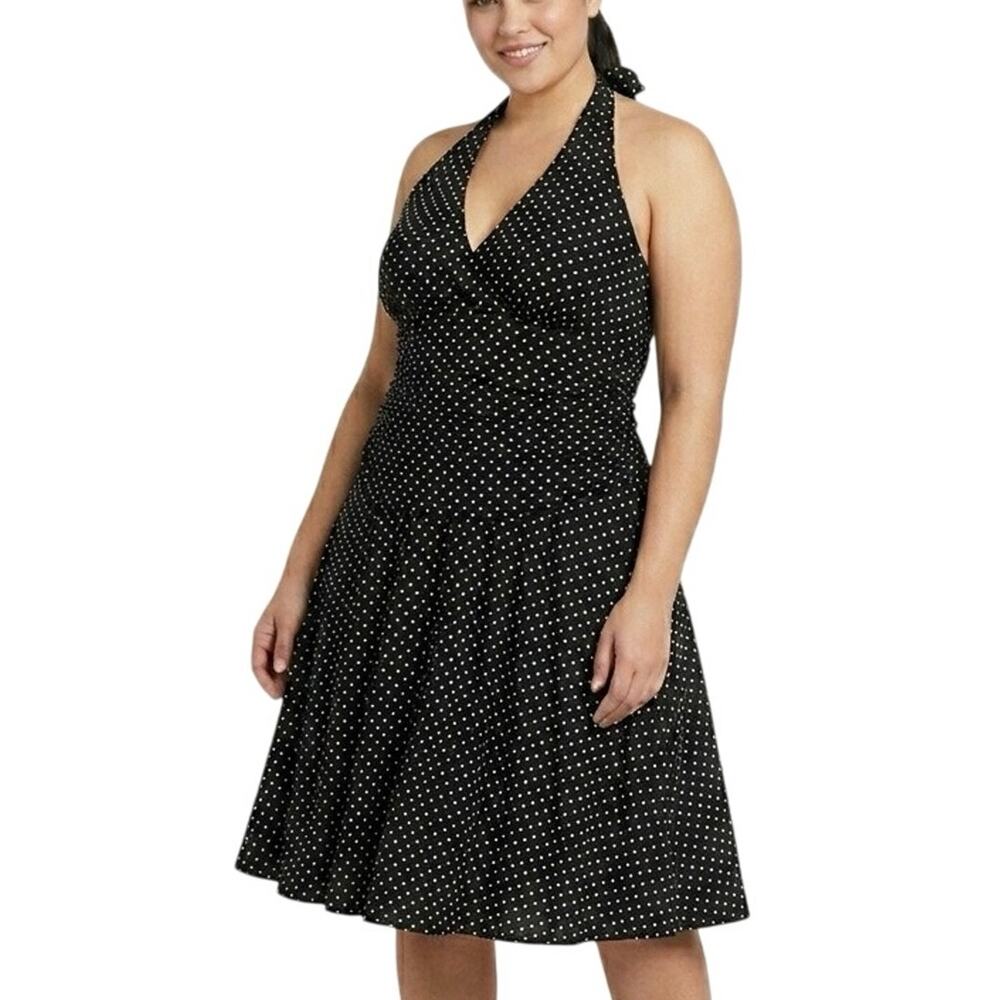 Eliza J 14 Black White Polka Dot Halter Fit Flare Dress Ruched Cocktail Pinup